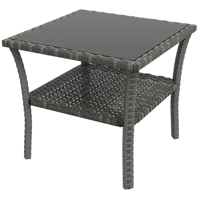20" Patio Wicker Coffee Table, 2-Tier Outdoor Pe Rattan Side Table With Glass Top, Grey 1
