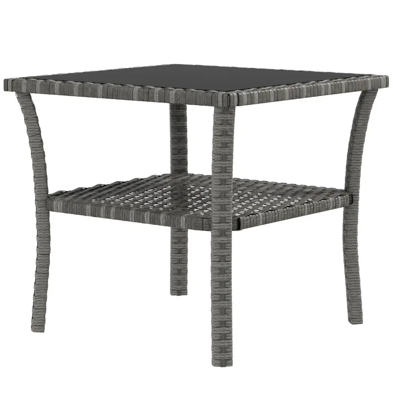 20" Patio Wicker Coffee Table, 2-Tier Outdoor Pe Rattan Side Table With Glass Top, Grey 2