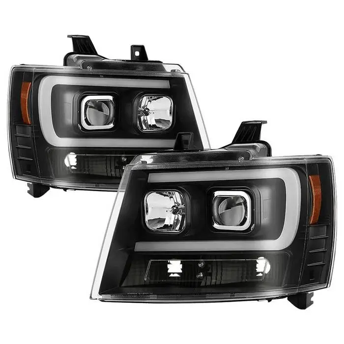 2007-2014 Chevy Suburban 1500/2500 / 2007-2014 Chevy Tahoe / 2007-2014 Avalanche Version 2 Projector Headlights - High H1 (Included) - Low H7 (Included) Light Bar Drl - All Black 1