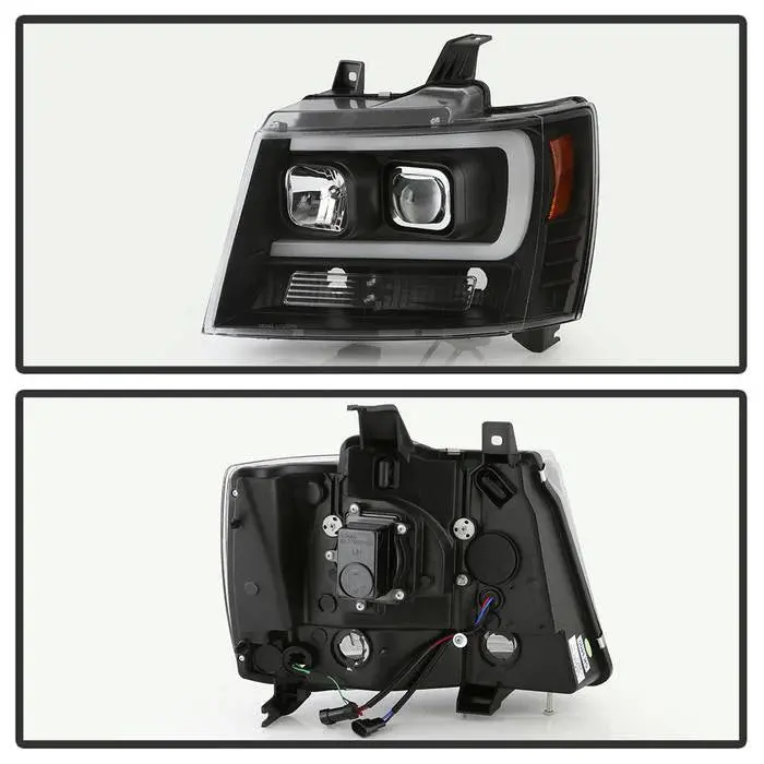 2007-2014 Chevy Suburban 1500/2500 / 2007-2014 Chevy Tahoe / 2007-2014 Avalanche Version 2 Projector Headlights - High H1 (Included) - Low H7 (Included) Light Bar Drl - All Black 2