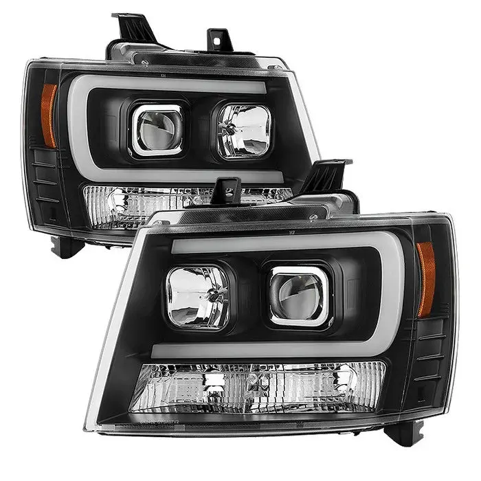 2007-2014 Chevy Suburban 1500/2500 / 2007-2014 Chevy Tahoe / 2007-2014 Avalanche Version 2 Projector Headlights - High H1 (Included) - Low H7 (Included) Light Bar Drl - Black 1