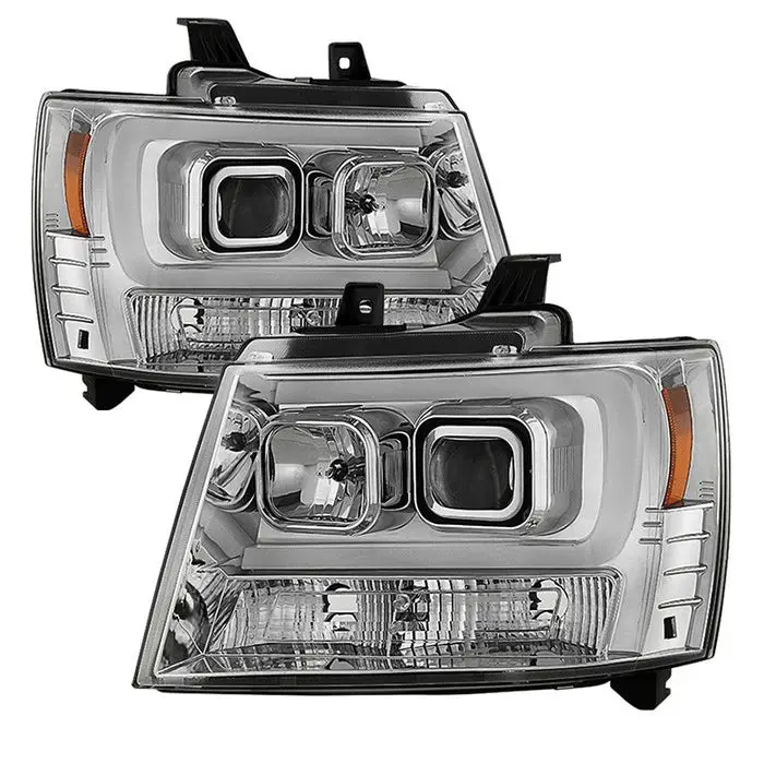 2007-2014 Chevy Suburban 1500/2500 / 2007-2014 Chevy Tahoe / 2007-2014 Avalanche Version 2 Projector Headlights - High H1 (Included) - Low H7 (Included) Light Bar Drl - Chrome 1