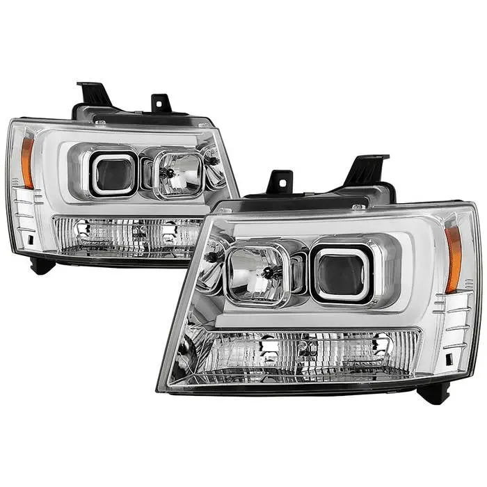 2007-2014 Chevy Suburban 1500/2500 / 2007-2014 Chevy Tahoe / 2007-2014 Avalanche Version 2 Projector Headlights - High H1 (Included) - Switch Back Turn Signal Light Bar - Low H7 (Included) ; Signal-Led(Included) - Chrome 1
