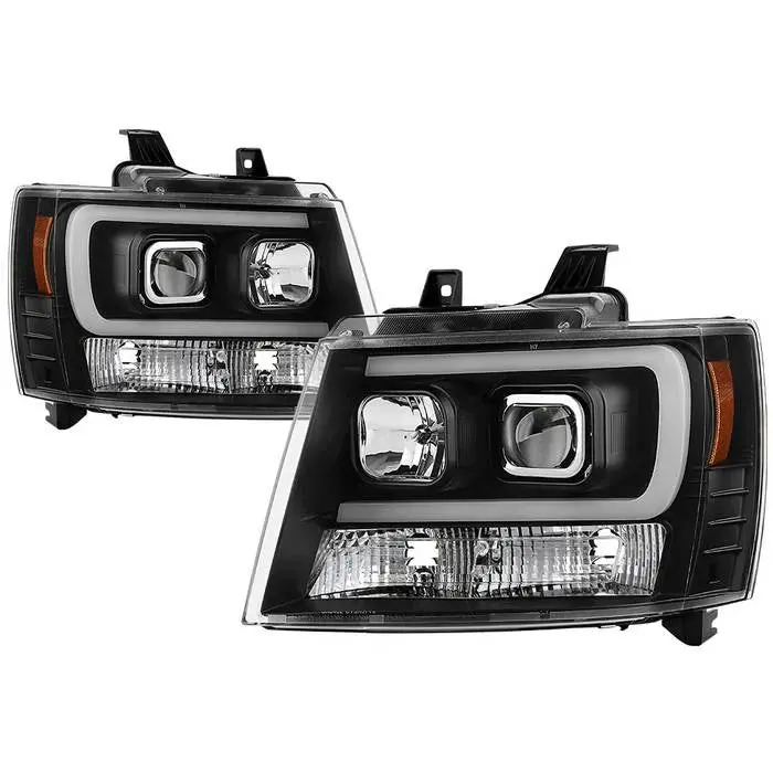 2007-2014 Chevy Suburban 1500/2500 / 2007-2014 Chevy Tahoe / 2007-2014 Avalanche Version 2 Projector Headlights - High H1 (Included) - Switch Back Turn Signal Light Bar - Low H7 (Included)  Signal-Led (Included) - Black 1
