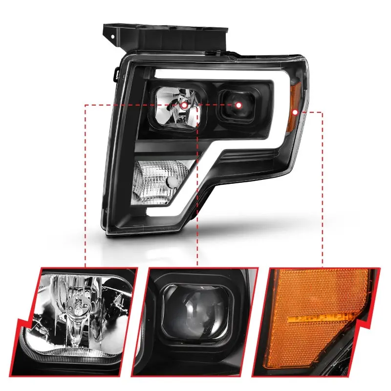 2009-2014 Ford F-150 Projector Plank Style Headlights Black (For Halogen Models Only) 2