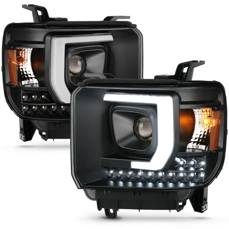 2014-2015 Gmc Sierra 1500 /2500Hd/3500Hd 15-19 Projector C Bar Headlights Black (For Halogen Models W/O Factory Led Drl) 1