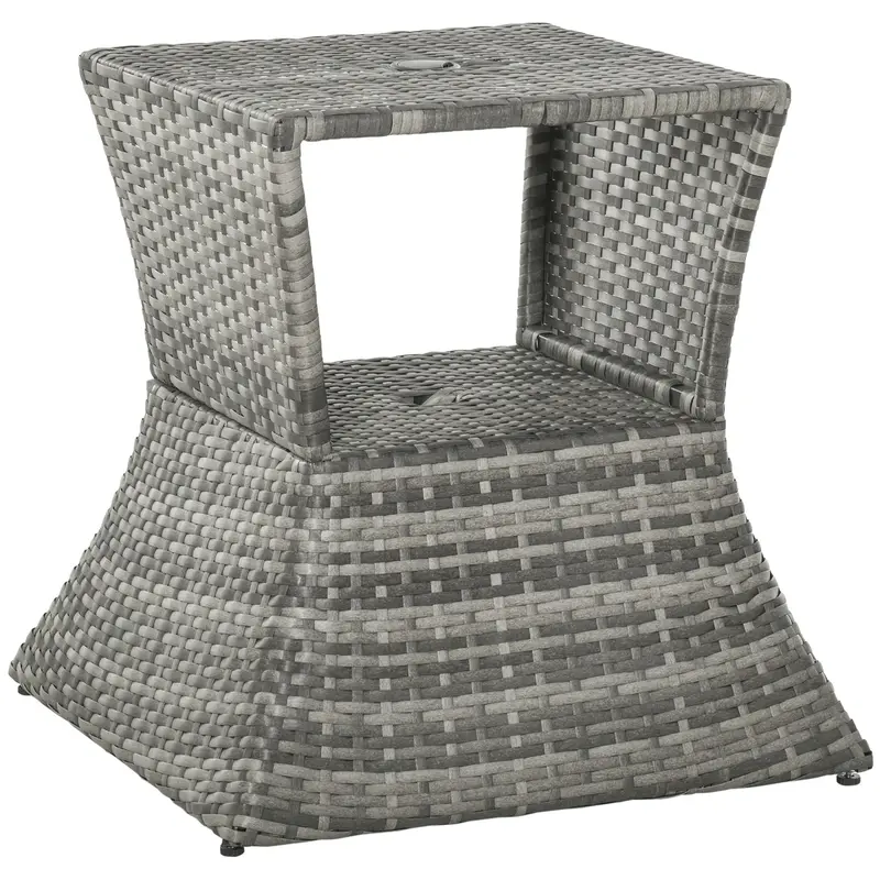 21.3" Rattan Wicker Side Table With Umbrella Hole & 2-Tier Storage For Patio, Mixed Grey 1