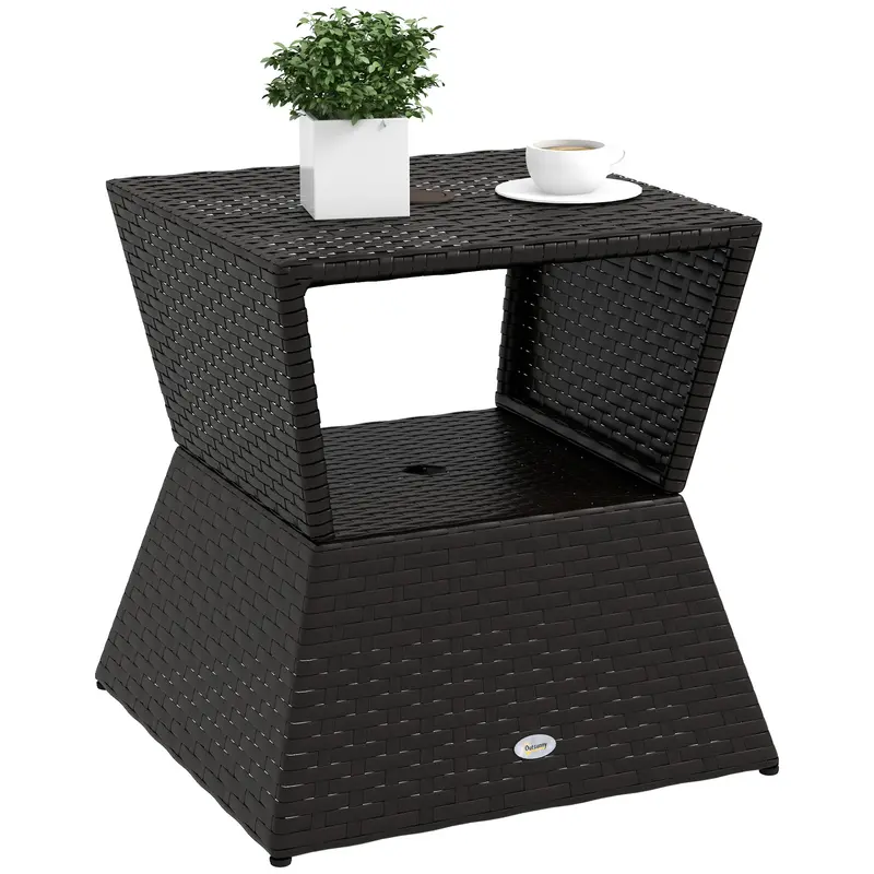 21.3" Square Rattan Wicker Side Table With Umbrella Hole & 2-Tier Storage, Dark Coffee 1