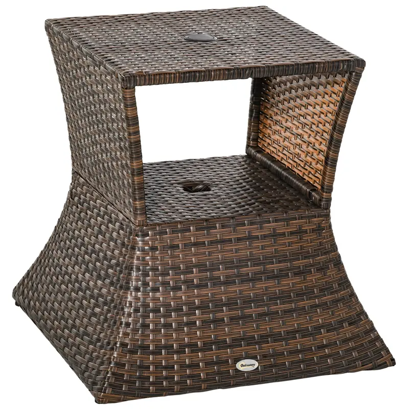 21.3" Square Rattan Wicker Side Table With Umbrella Hole & 2-Tier Storage, Mixed Brown 1