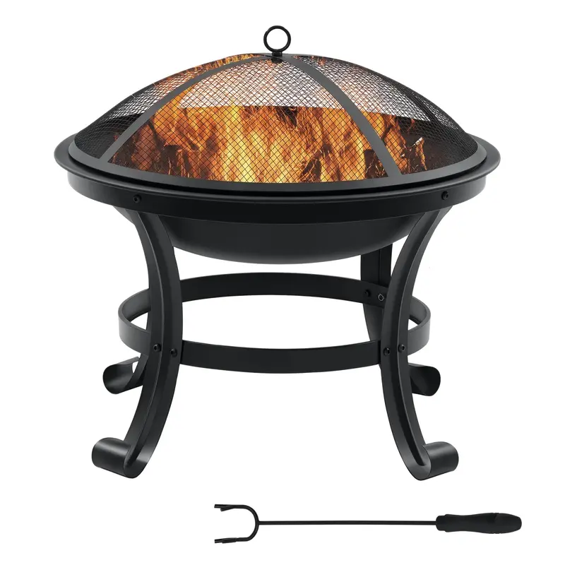 21.7" Outdoor Fire Pit With Mesh Lid And Poker, Black 1