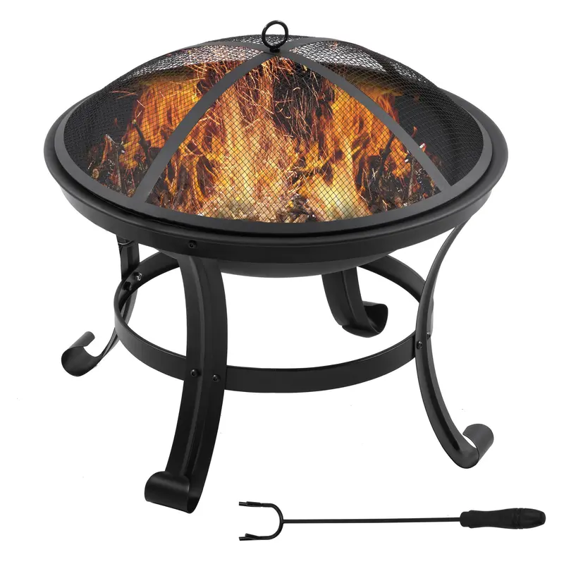 21.7" Outdoor Fire Pit With Mesh Lid And Poker, Black 2