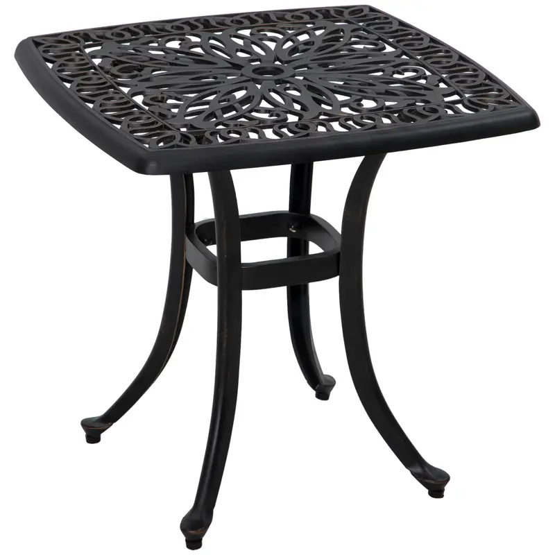 21" Square Outdoor End Table, Cast Aluminum Patio Side Table W/ Umbrella Hole, Bronze 1