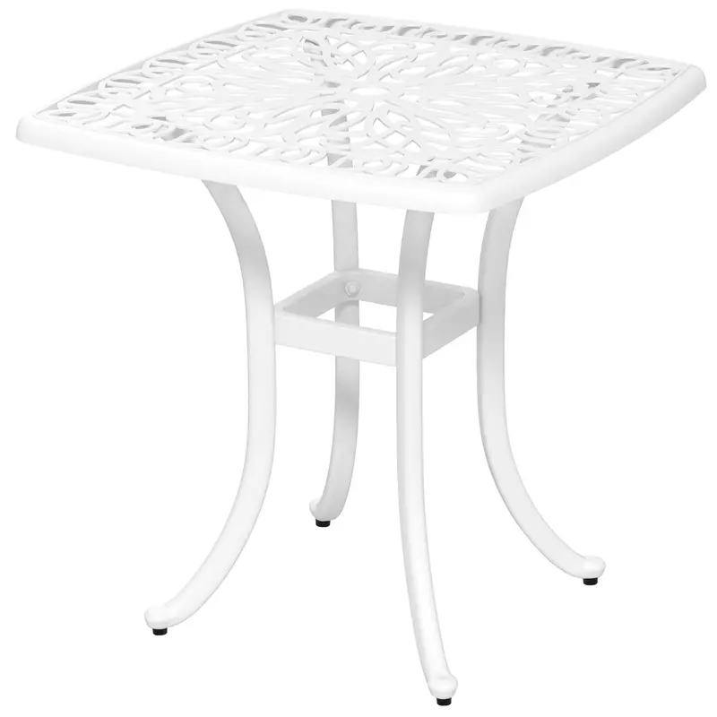 21" Square Outdoor End Table, Cast Aluminum Patio Side Table W/ Umbrella Hole, White 1