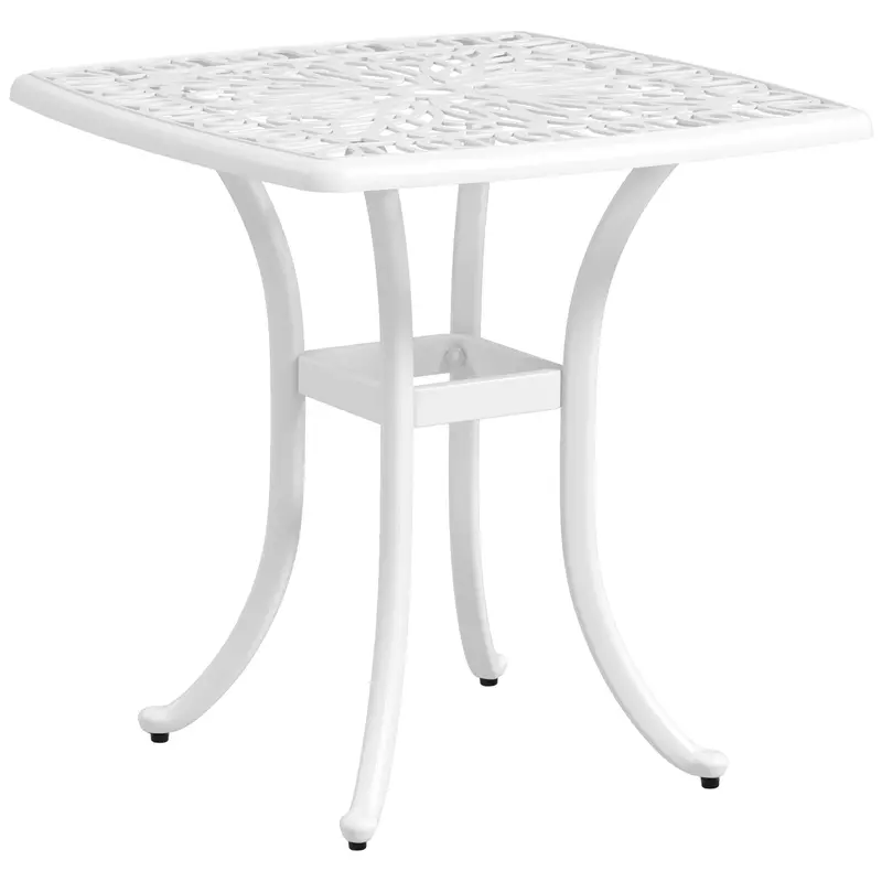 21" Square Outdoor End Table, Cast Aluminum Patio Side Table W/ Umbrella Hole, White 2