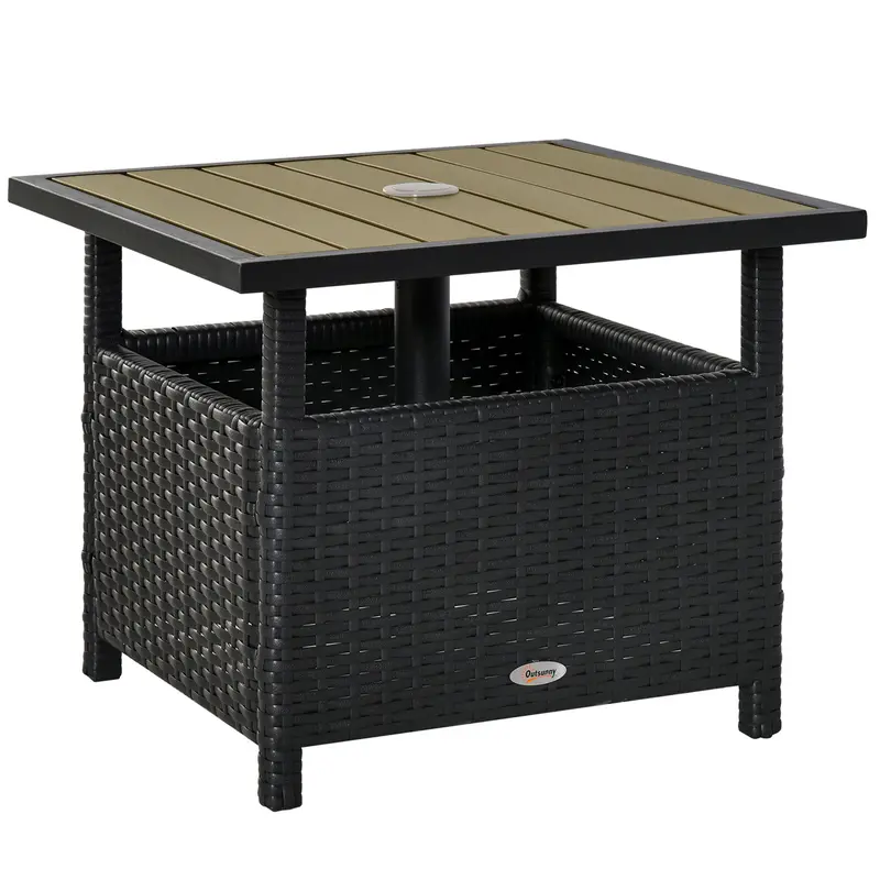 22" Square Steel Pe Rattan Wicker Table With Umbrella Hole For Outdoor Patio, Black 1