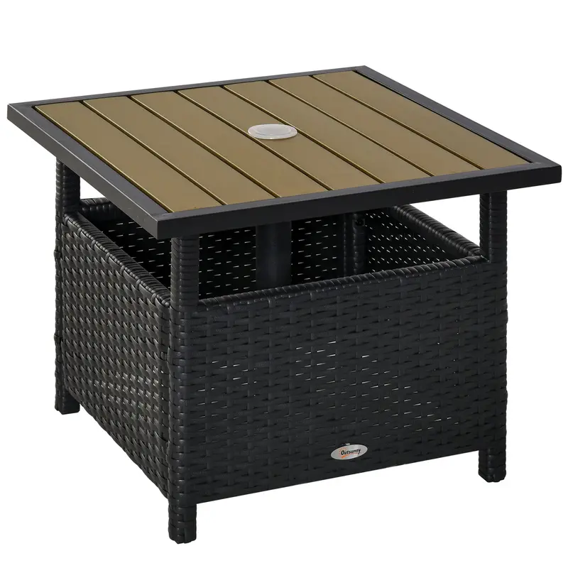 22" Square Steel Pe Rattan Wicker Table With Umbrella Hole For Outdoor Patio, Black 2