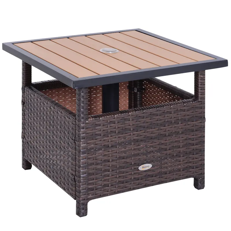 22" Square Steel Pe Rattan Wicker Table With Umbrella Hole For Outdoor Patio, Brown 1