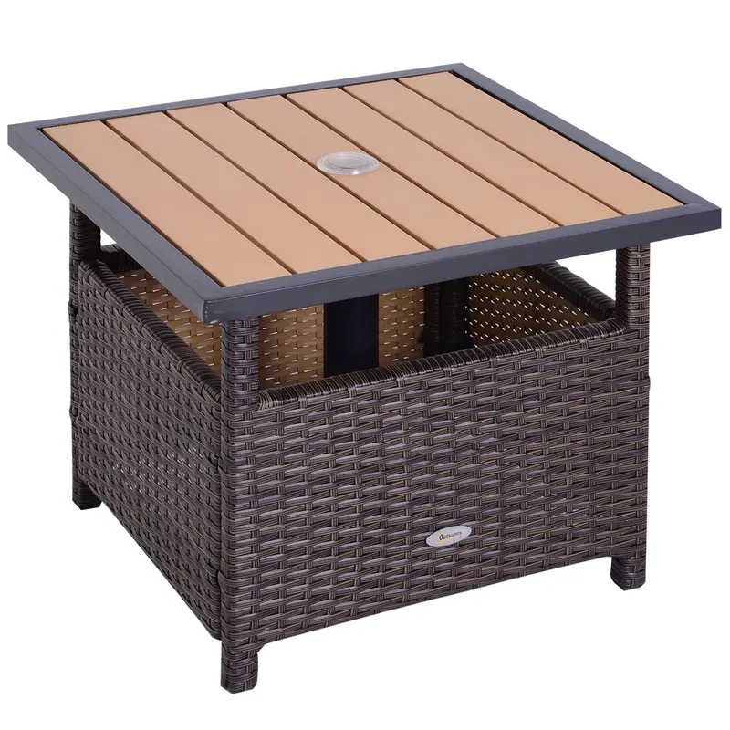 22" Square Steel Pe Rattan Wicker Table With Umbrella Hole For Outdoor Patio, Brown 2