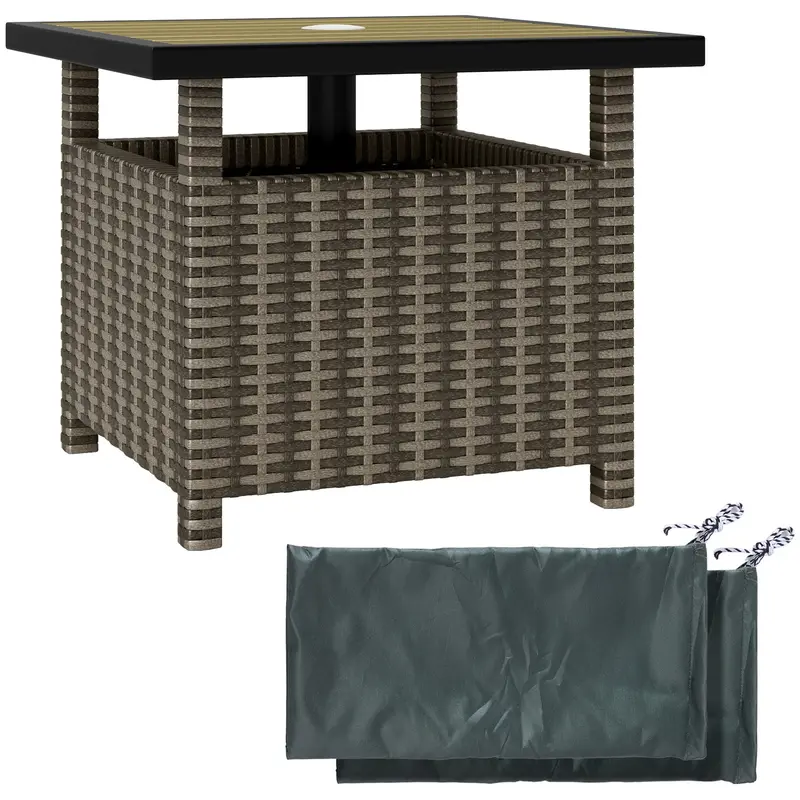 22" Square Steel Pe Rattan Wicker Table With Umbrella Hole For Outdoor Patio, Mixed Grey 1