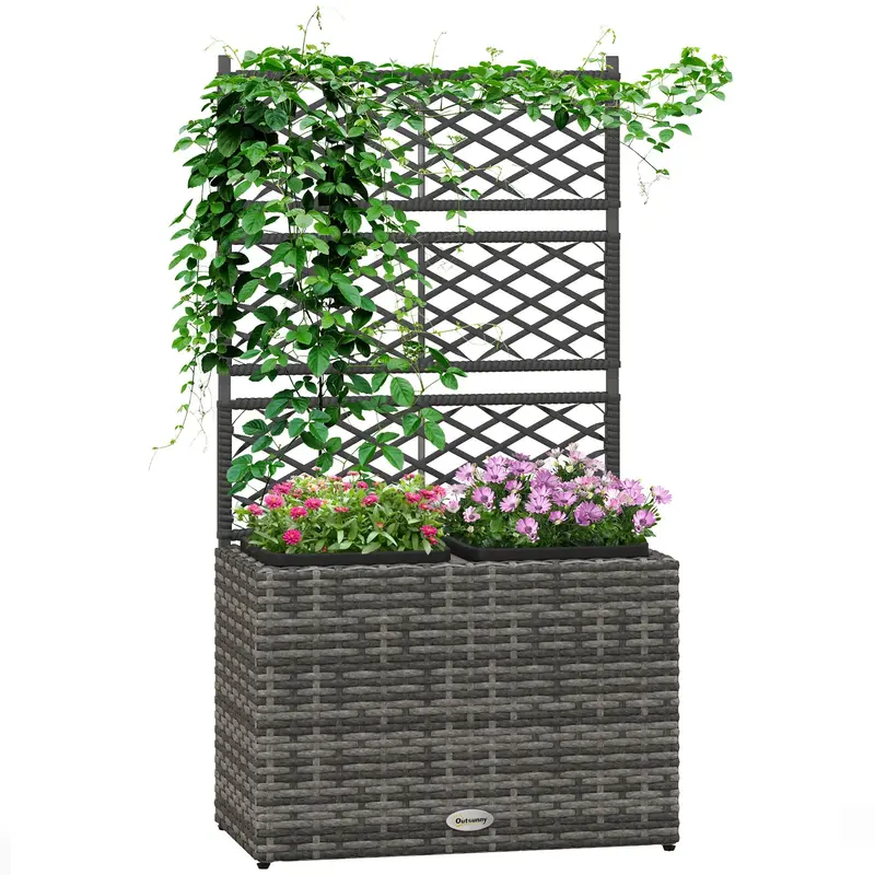 22L Pe Rattan Raised Garden Box With Trellis & Two Plant Boxes,Mixed Grey 1