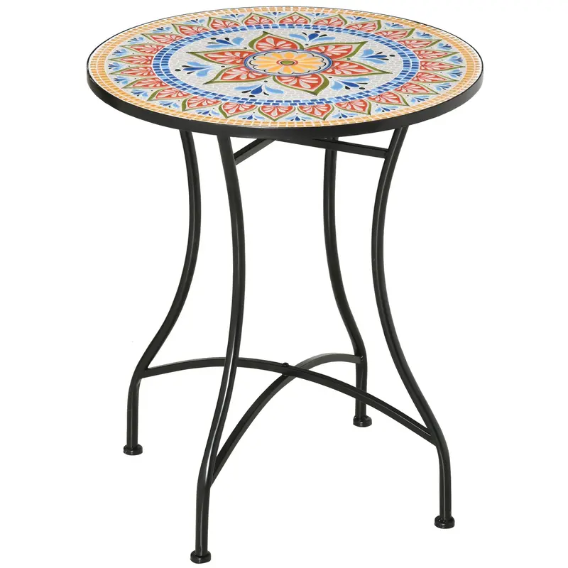 23.6" Mosaic Round Patio Coffee Table With Metal Frame For Outdoor, Poolside, Red 1