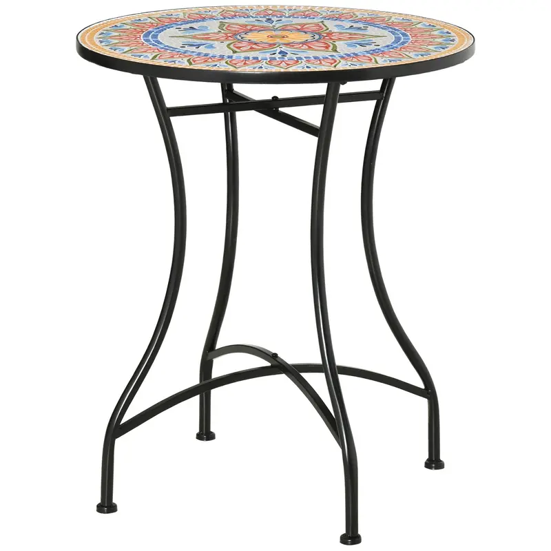 23.6" Mosaic Round Patio Coffee Table With Metal Frame For Outdoor, Poolside, Red 2