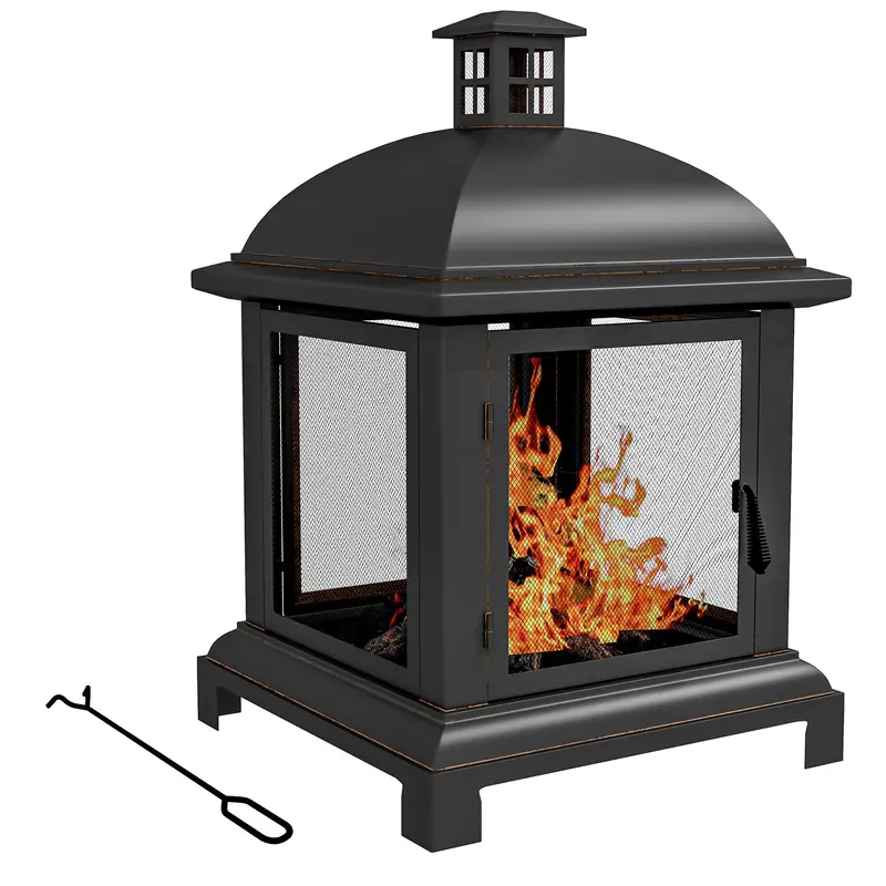 26" Fire Pit With Chimney Style, Outdoor Wood Burning Firepit With Spark Guard And Poker, Steel, Black 1
