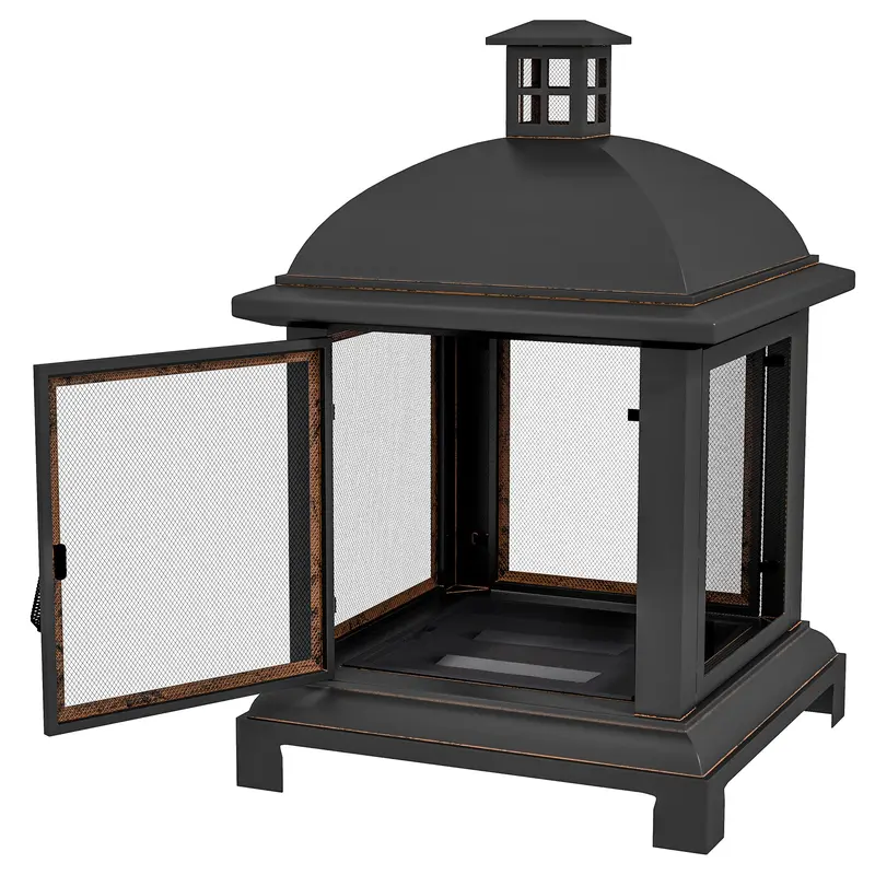 26" Fire Pit With Chimney Style, Outdoor Wood Burning Firepit With Spark Guard And Poker, Steel, Black 2