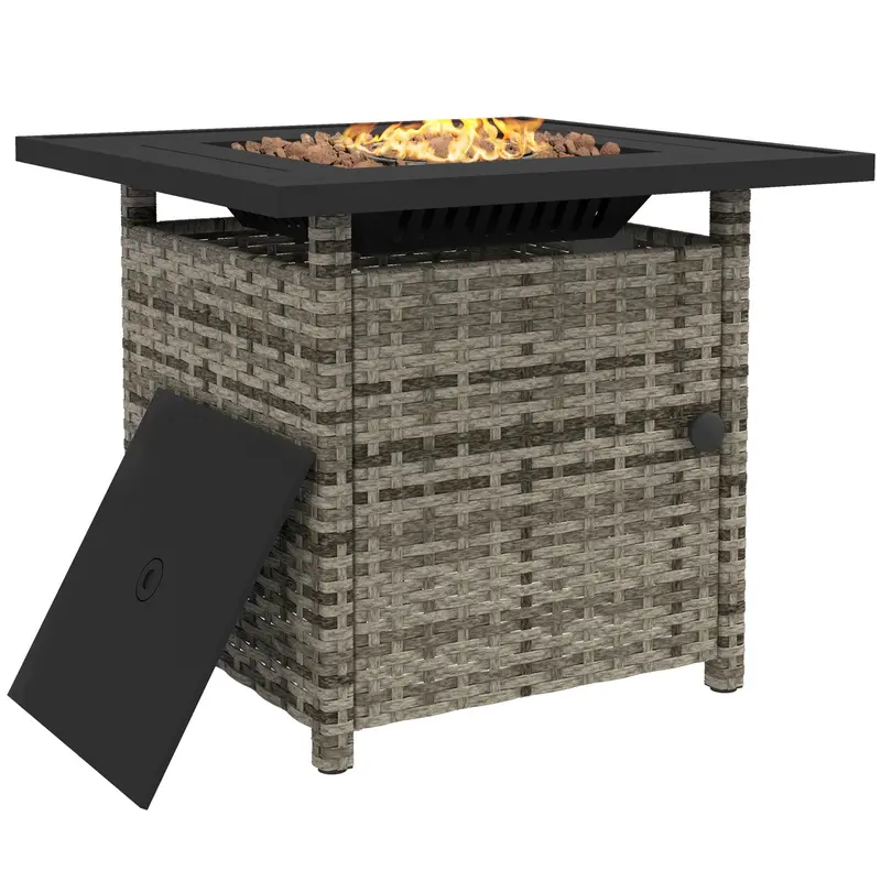 28.5" Outdoor 50,000 Btu Wicker Fire Table W/ Glass Wind Guard, Volcanic Rock, Grey 1