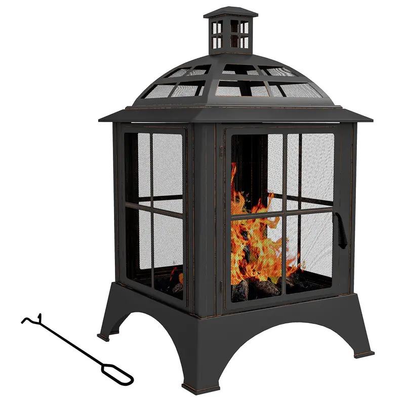 28" Fire Pit With Chimney Style, Outdoor Wood Burning Firepit W/ Spark Guard & Poker, Black 1