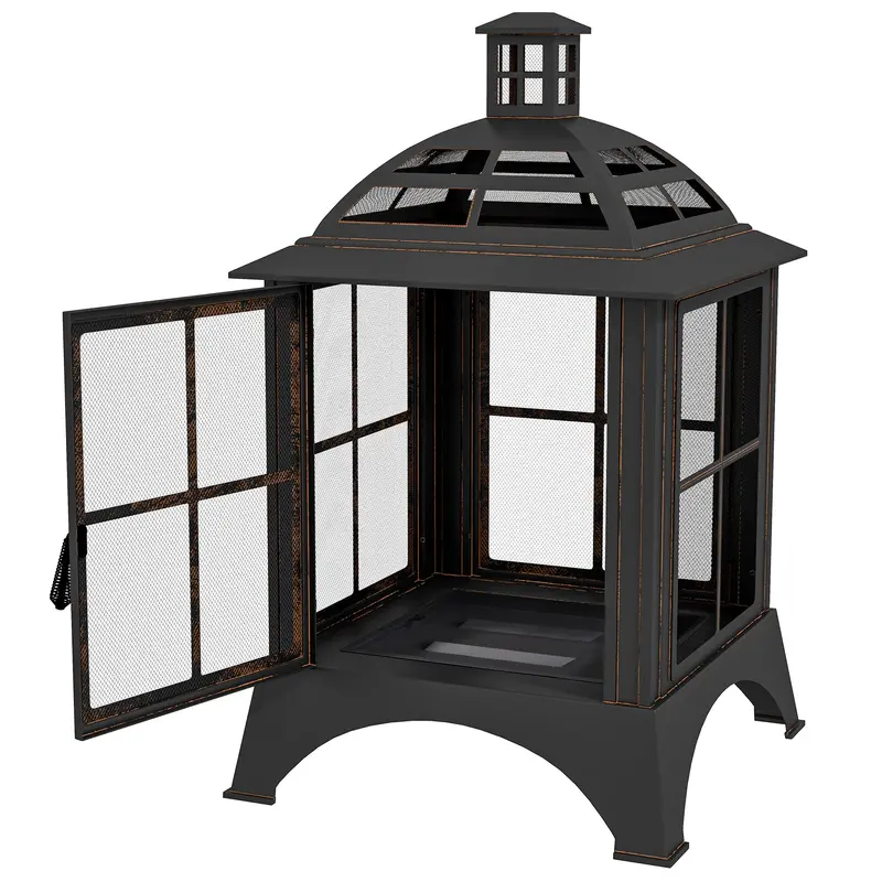 28" Fire Pit With Chimney Style, Outdoor Wood Burning Firepit W/ Spark Guard & Poker, Black 2
