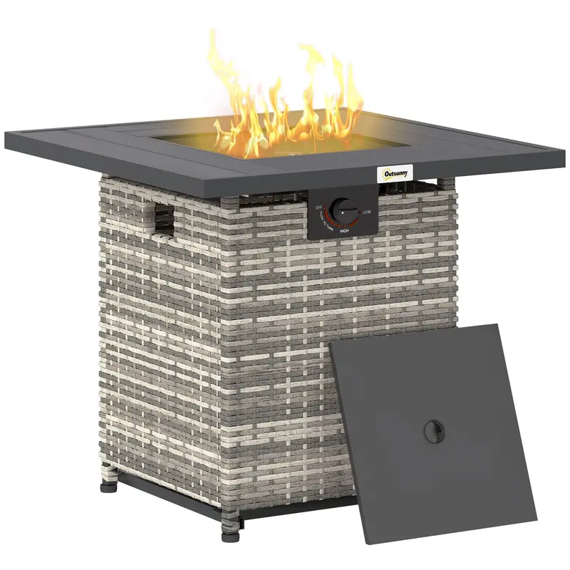 28¡° Propane Fire Pit Table, 40,000 Btu Rattan Gas Fire Pit W/ Rain Cover, Mixed Grey 1