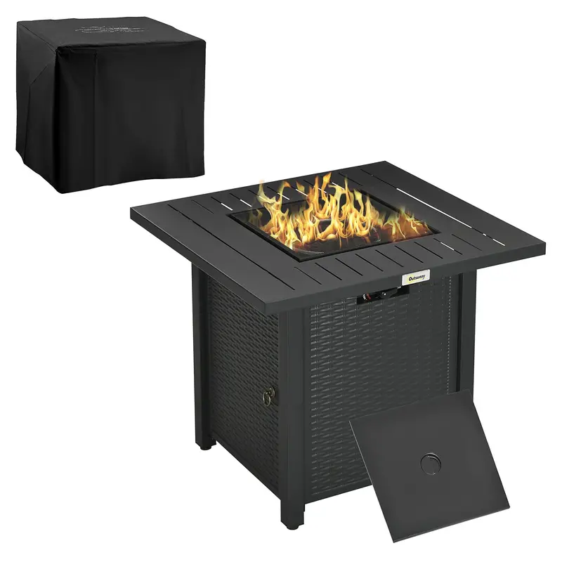 28" Rattan Propane Fire Pit Table With 40,000 Btu Burner, Square Gas Firepit, Black 1