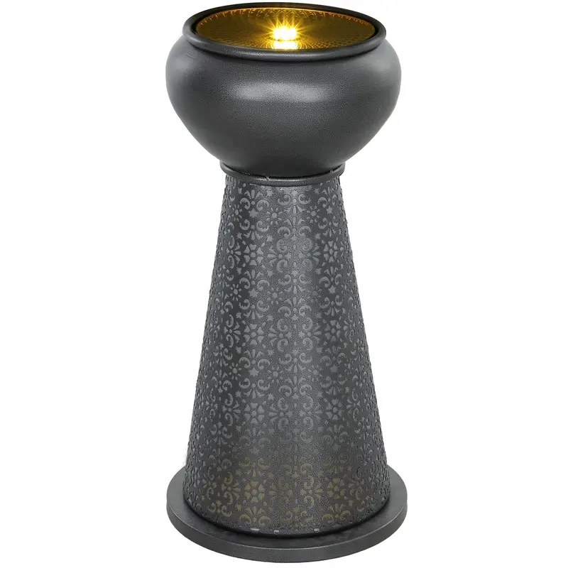 28" Tall Bowl Garden Water Fountain With Led Lights, Adjustable Flow, Dark Grey &Yellow 1