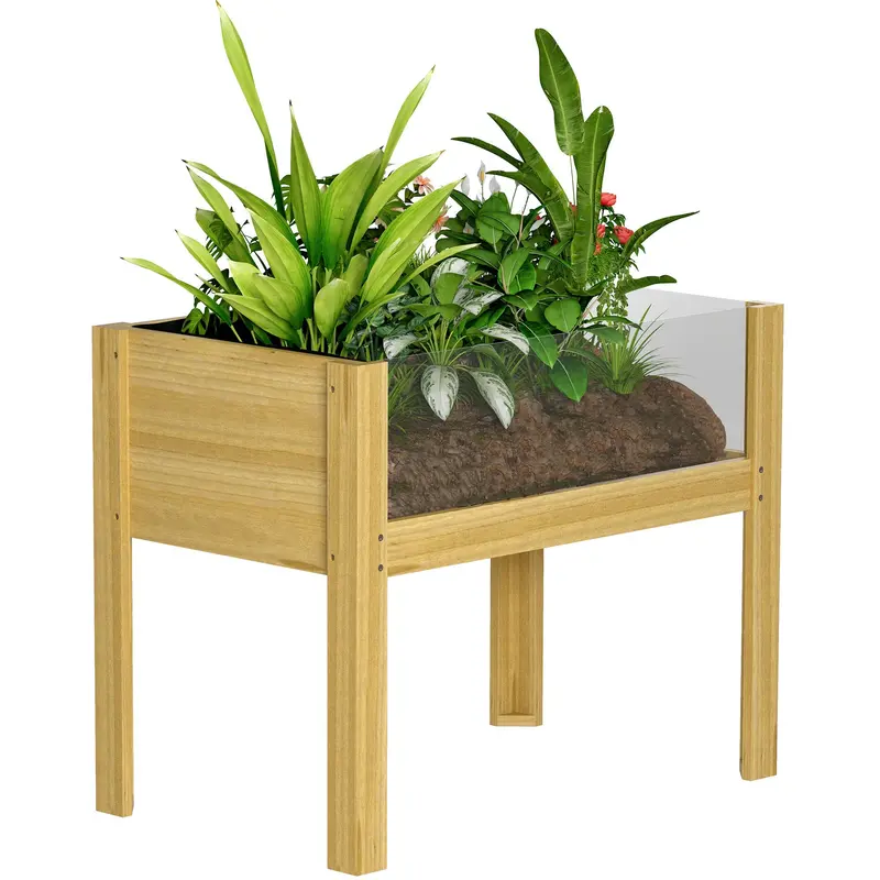 29.5" X 18.1" X 23.8" Wooden Raised Garden Bed With Acrylic Panels And Drainage Holes 1
