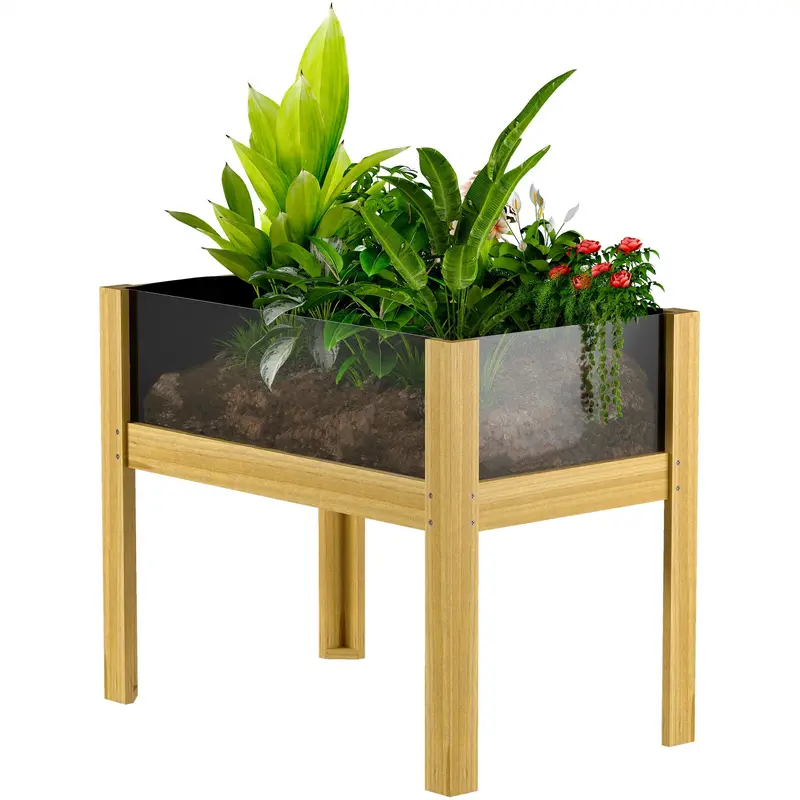 29.5" X 18.1" X 23.8" Wooden Raised Garden Bed With Acrylic Panels And Drainage Holes 2