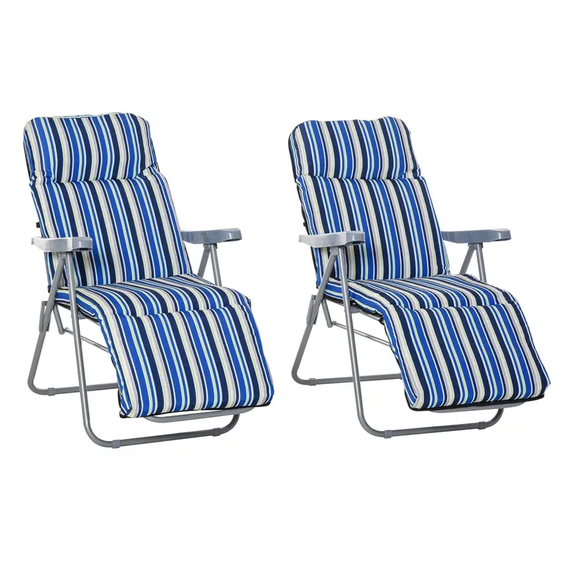 2Pc Outdoor Reclining Chair, Foldable Adjustable Recliner W/ Cushioned Seat, Grey & Blue 1
