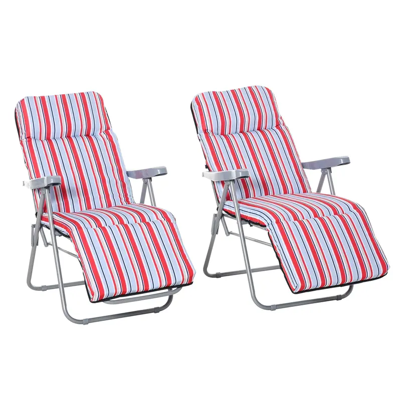 2Pc Outdoor Reclining Chair, Foldable Adjustable Recliner W/ Cushioned Seat, Grey & Red 1
