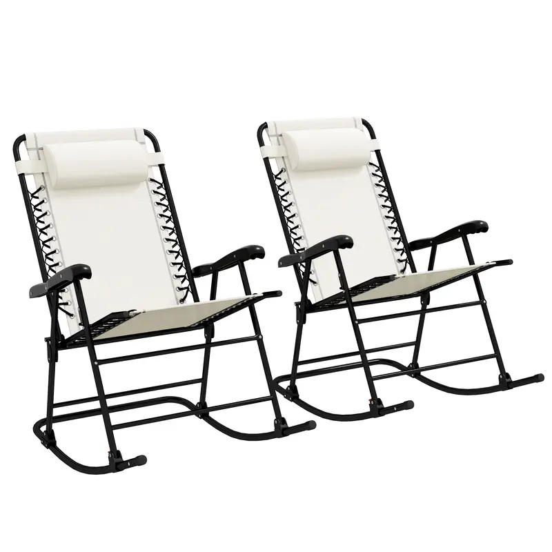 2Pc Patio Foldable Rocking Chair Set W/ Breathable Mesh Seat, Backrest & Headrest, Cream White 1