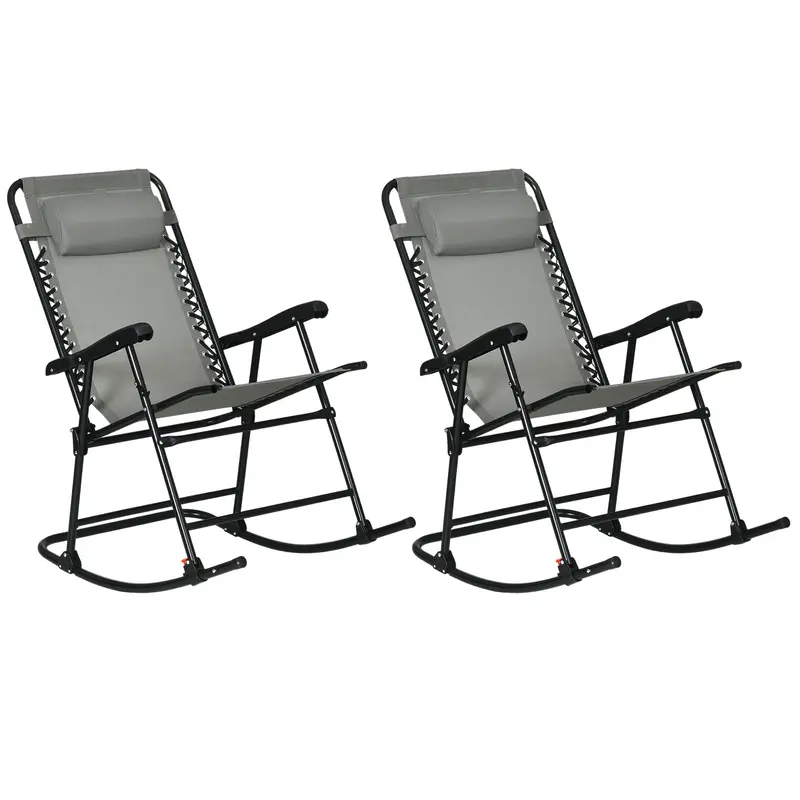 2Pc Patio Foldable Rocking Chair Set W/ Breathable Mesh Seat, Backrest & Headrest, Grey 1