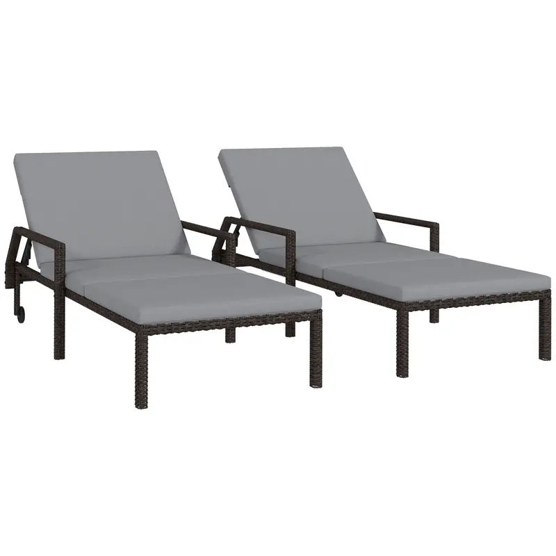 2Pc Wicker Chaise Lounger, Pe Rattan Recliner W/ Adjustable Backrest & 2 Wheels, Grey 1