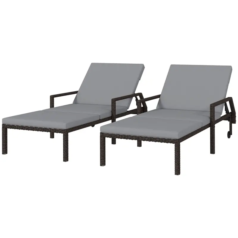 2Pc Wicker Chaise Lounger, Pe Rattan Recliner W/ Adjustable Backrest & 2 Wheels, Grey 2