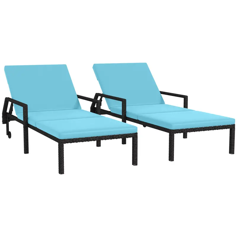 2Pc Wicker Chaise Lounger, Pe Rattan Recliner W/ Adjustable Backrest & 2 Wheels, Sky Blue 1