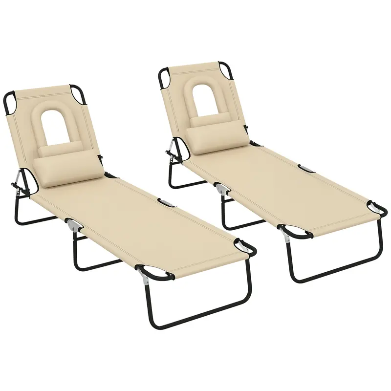 2Pcs Adjustable Outdoor Lounge Chairs With Face Hole, Beige 1