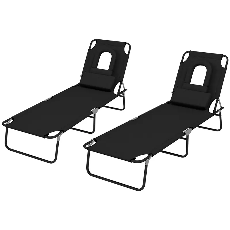 2Pcs Adjustable Outdoor Lounge Chairs With Face Hole, Black 1