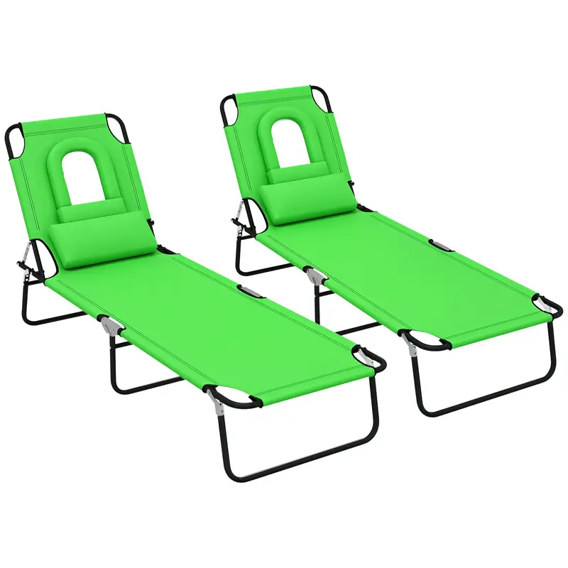 2Pcs Adjustable Outdoor Lounge Chairs With Face Hole, Green 1