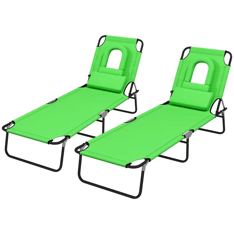 2Pcs Adjustable Outdoor Lounge Chairs With Face Hole, Green 2