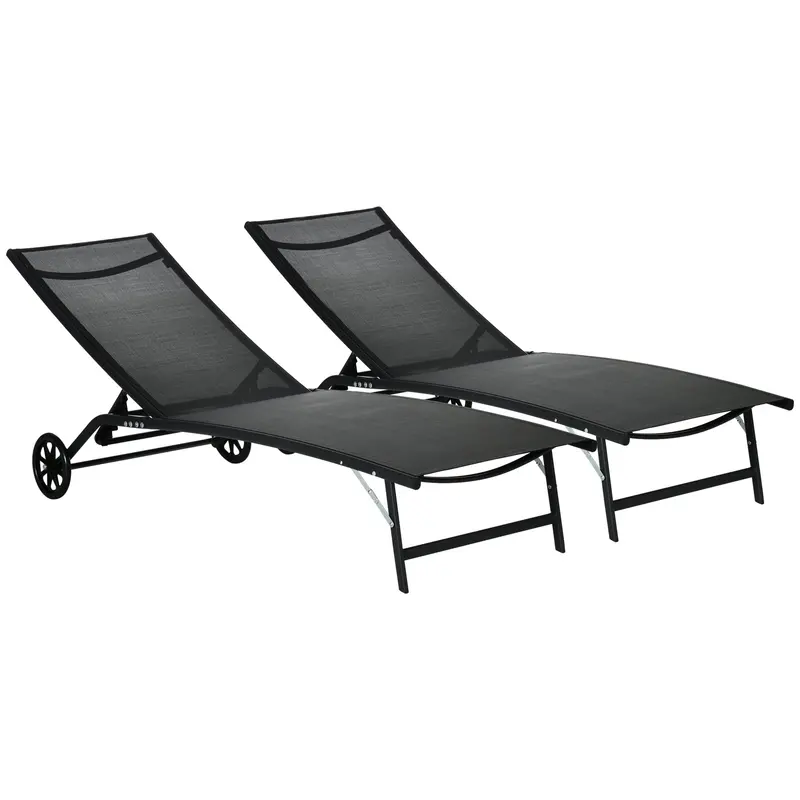 2Pcs Outdoor Lounge Chairs With Wheels & 5-Level Adjustable Backrest For Garden, Black 1