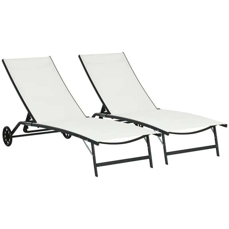 2Pcs Outdoor Lounge Chairs With Wheels & 5-Level Adjustable Backrest For Garden, White 1