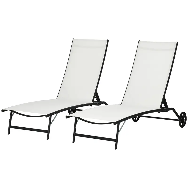 2Pcs Outdoor Lounge Chairs With Wheels & 5-Level Adjustable Backrest For Garden, White 2